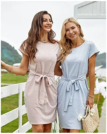 MEROKEETY Women's Summer Striped Short Sleeve T Shirt Dress Casual Tie Waist with Pockets summer dress